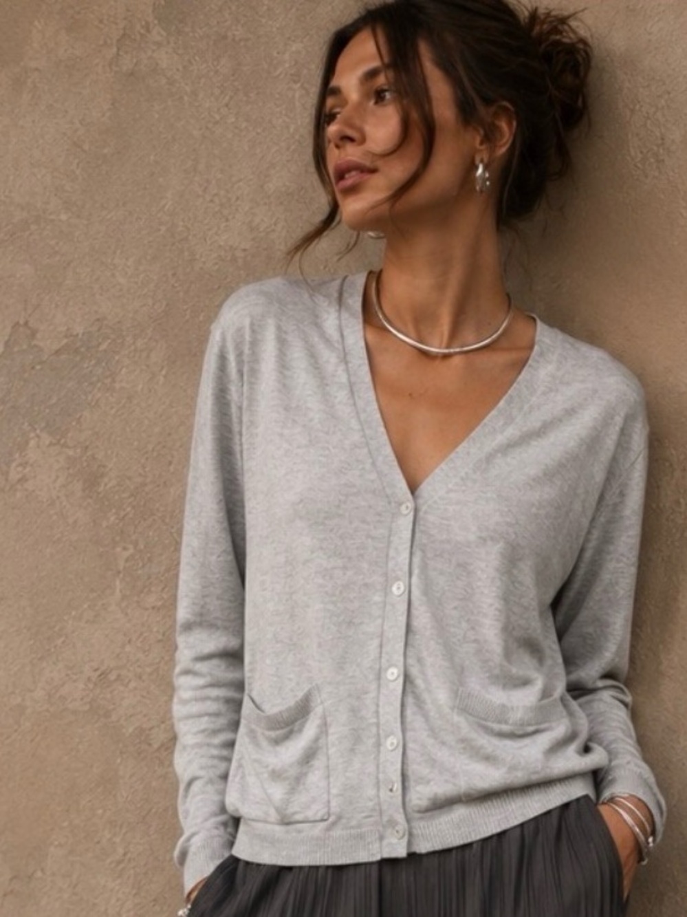 The Limited XS Gray Lightweight Cotton Blend V Neck Cardigan Pockets